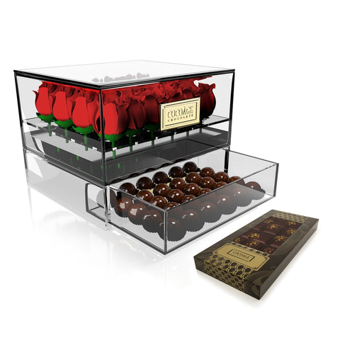 Acrylic Box 24 Roses + Drawer with Gold Foil-Wrapped Chocolate Balls